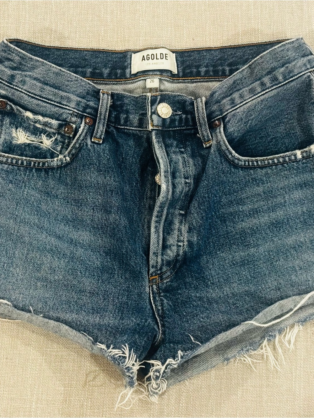 Agolde Parker Medium Blue Mid-Rise Denim Shorts